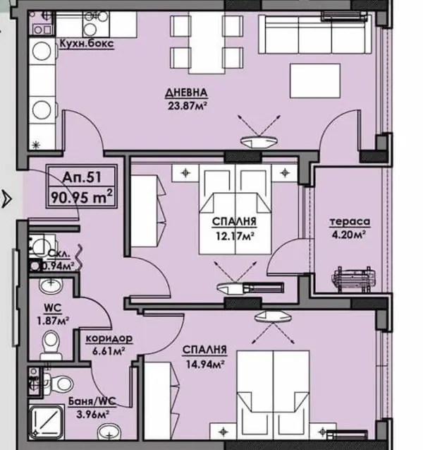 Трёхкомнатная квартира 90 м² с видом на море в Atlas 1, Бургас