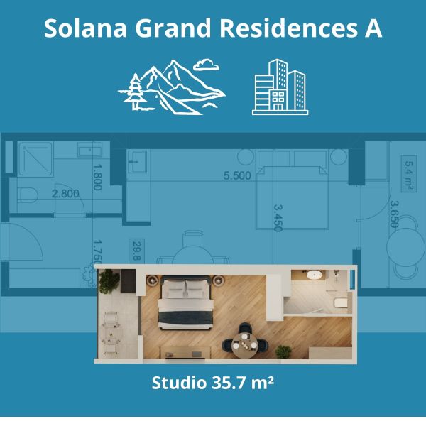 Studio 35.7 м² с видом на горы и город