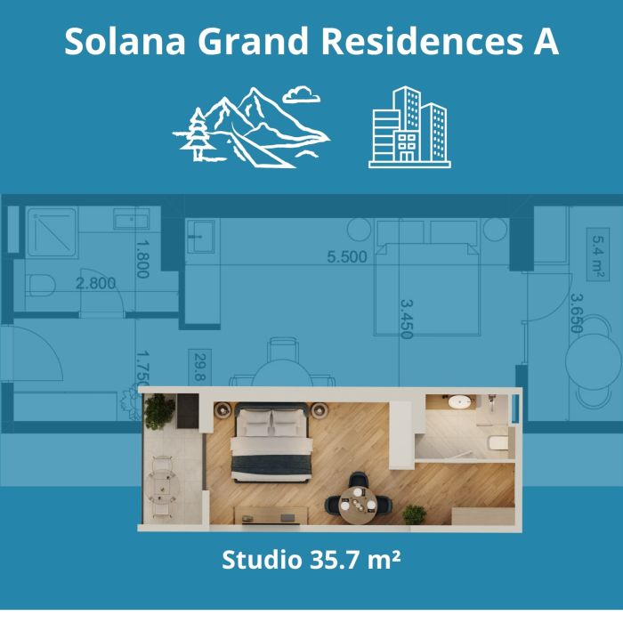 Studio 35.7 м² с видом на горы и город